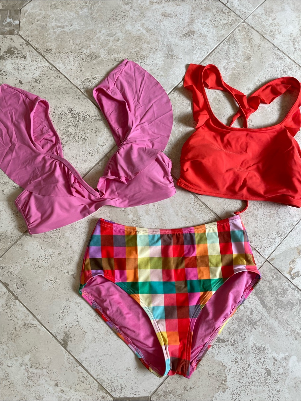 Bundle of Colorful High-Waist Bikini Bottom with Pink and Red Swim Tops